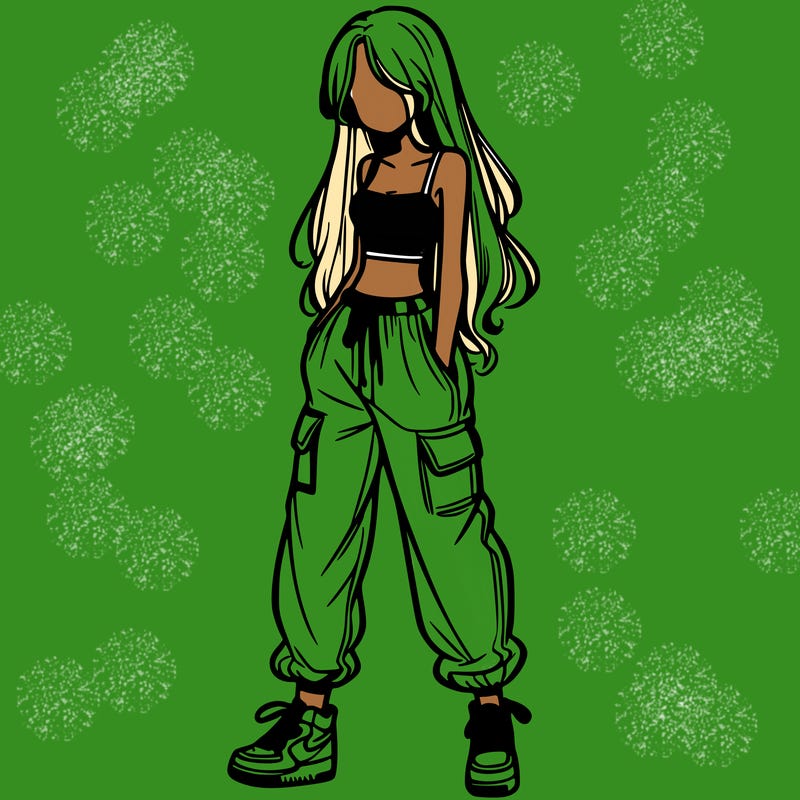 girl in baggy pants crop top and long hair