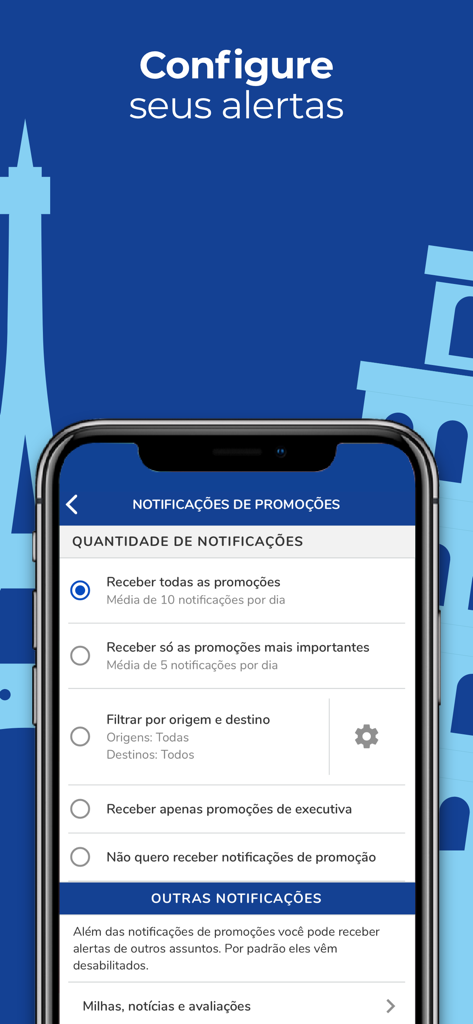 Pantalla de la aplicación móvil mostrando la configuración de notificaciones de ofertas de vuelos y opciones de configuración de alertas para la aplicación de viajes Melhores Destinos.
