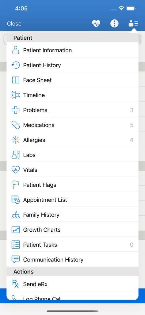 DrChrono EHR / EMR - A dropdown menu in the DrChrono EHR app displaying patient information history medications and vitals