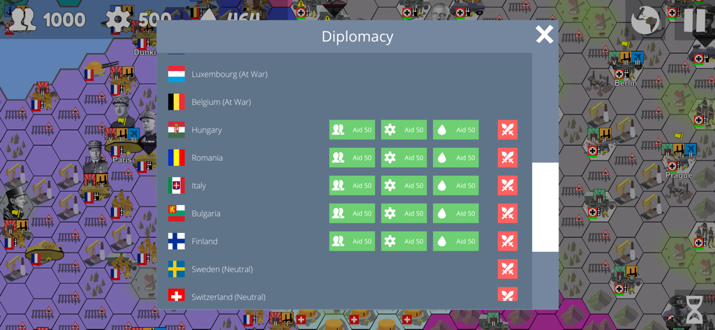 Armchair Commander - Diplomacy menu in the Armchair Commander mobile game showing options to send resource aid to different countries