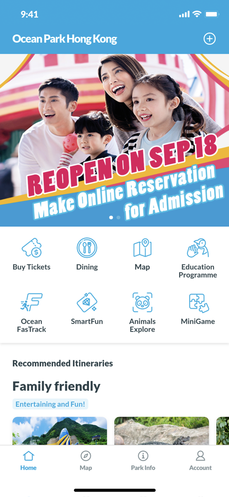Ocean Park Hong Kong - Ocean Park Hong Kong mobile app home screen with navigation icons for tickets and maps