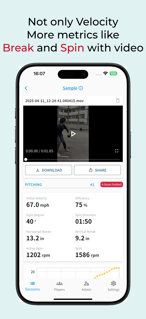 SmartScout Baseball - L'app SmartScout Baseball visualizza metriche di lancio tra cui velocità, velocità di rotazione e deviazione insieme all'analisi video