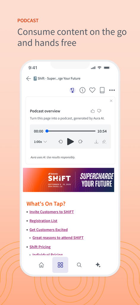 Seismic app interface featuring AI-generated podcast content for hands-free consumption