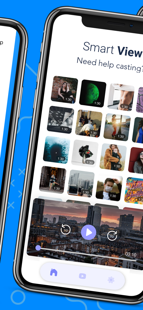 画面ミラーリング スマートビューアプリのビデオライブラリと再生インターフェイスを示すスマートフォンの画面。