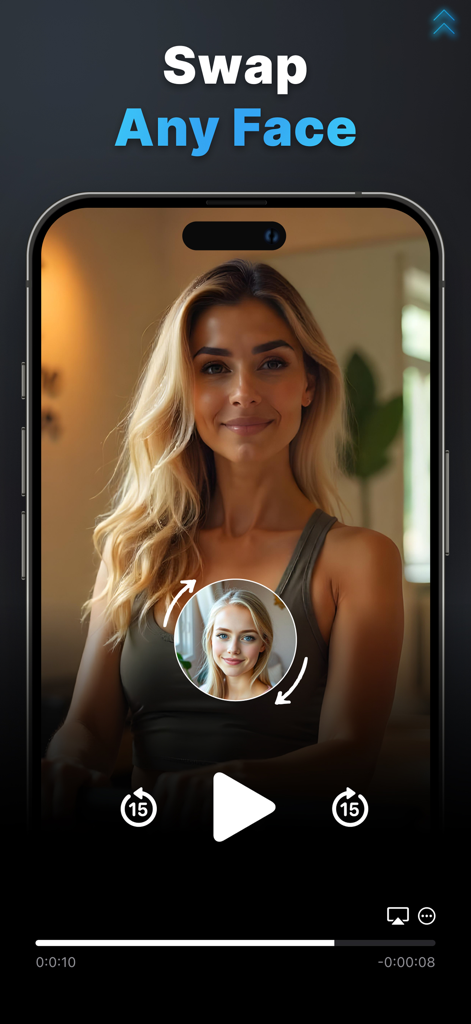 DeepSwap AI: Video Swap Faces - Interfaz de la aplicación DeepSwap AI que muestra la función de intercambiar cualquier cara con una vista previa del video