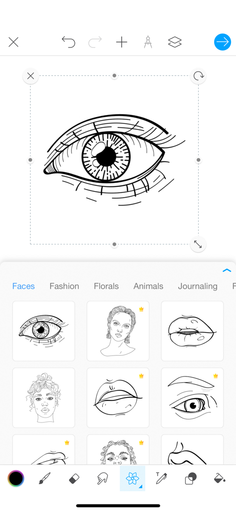 Interfaz de la aplicación Picsart Color que muestra un boceto de un ojo y una biblioteca de plantillas de dibujo facial como labios y ojos.
