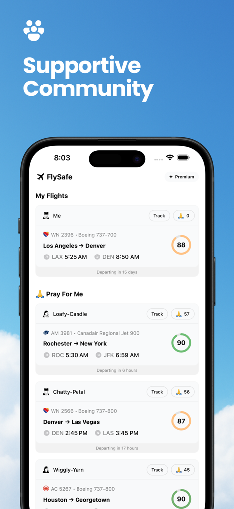 FlySafe: Flight Safety Score - Pantalla de la aplicación móvil FlySafe que muestra las puntuaciones de seguridad de vuelo y la función de oración comunitaria de apoyo