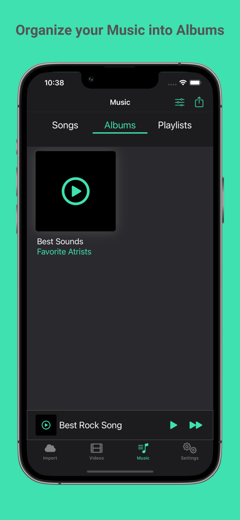 OfflineMedia - Files Player - Interfaz de la aplicación OfflineMedia mostrando álbumes de música organizados y un botón de reproducción.