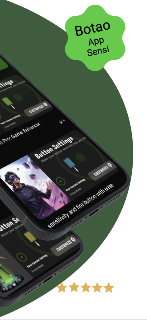 Una pantalla móvil que muestra la interfaz de la aplicación Fire Button Pro con ajustes de sensibilidad de juego y personalización de botones.