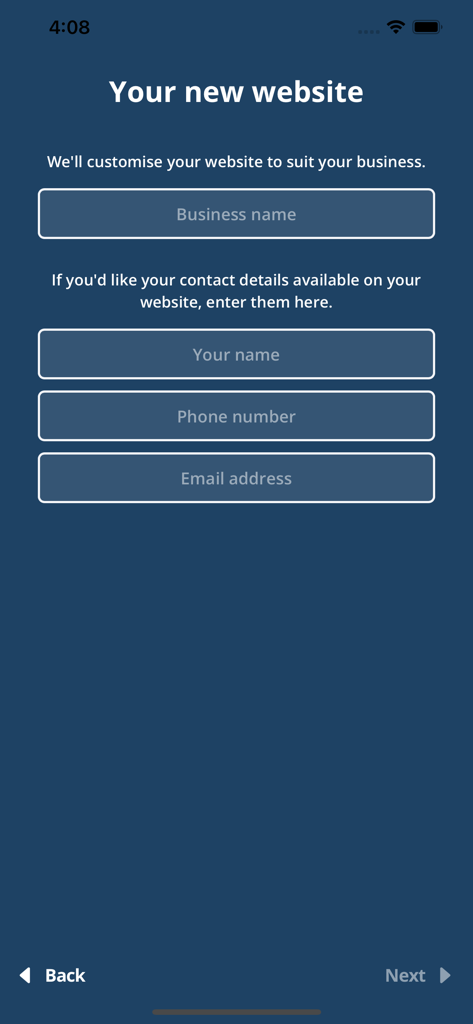 n8: Create. Sell. Refresh. - Mobiler Bildschirm mit Eingabefeldern für den Firmennamen und die Kontaktinformationen in der n8 Website-Creator-App
