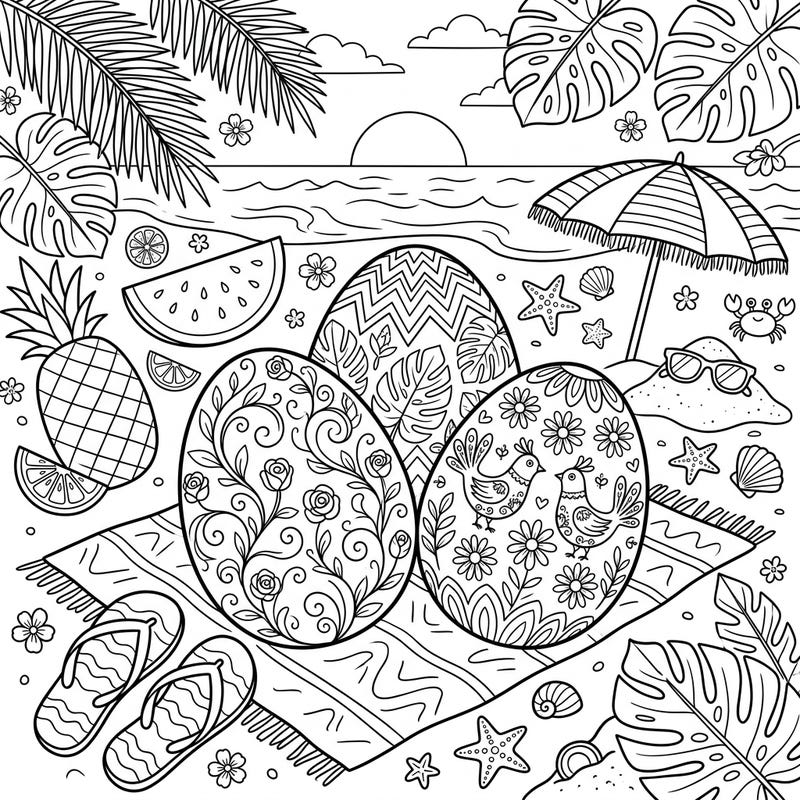 Combine the joy of Easter with summer fun on this unique coloring page! Intricate floral eggs are showcased amidst a tropical beach scene, waiting for your colorful imagination.