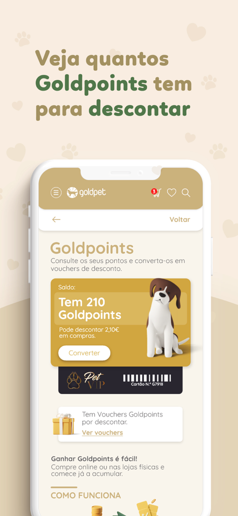 Goldpet - Screen of the Goldpet app showing the loyalty points balance and rewards conversion section for pet parents.