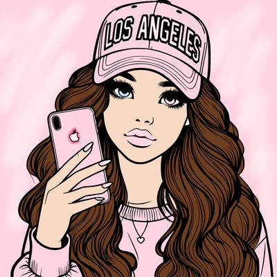 realistic beautiful girl wearing los ángeles cap holding an iphone