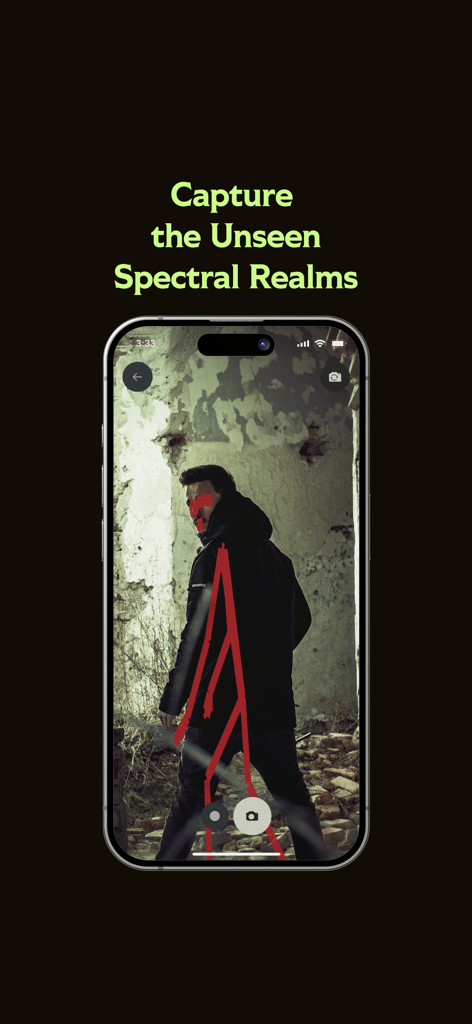 GHOST - A smartphone showing the GHOST app SLS camera feature capturing a red skeletal outline in a haunted location.