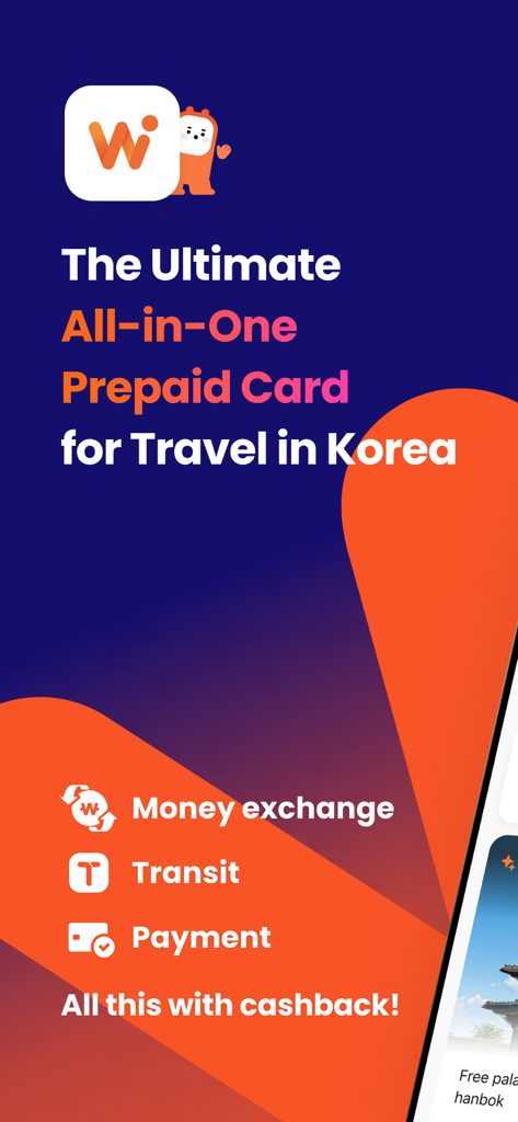WOWPASS: Go Cashless in Korea - WOWPASS app promotional screen for the ultimate all-in-one prepaid card for travel in Korea featuring money exchange transit and payment with cashback