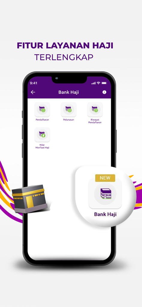 Muamalat DIN - Muamalat DINアプリのインターフェース。登録や支払いを含む包括的なハッジバンキングサービスを表示しています。