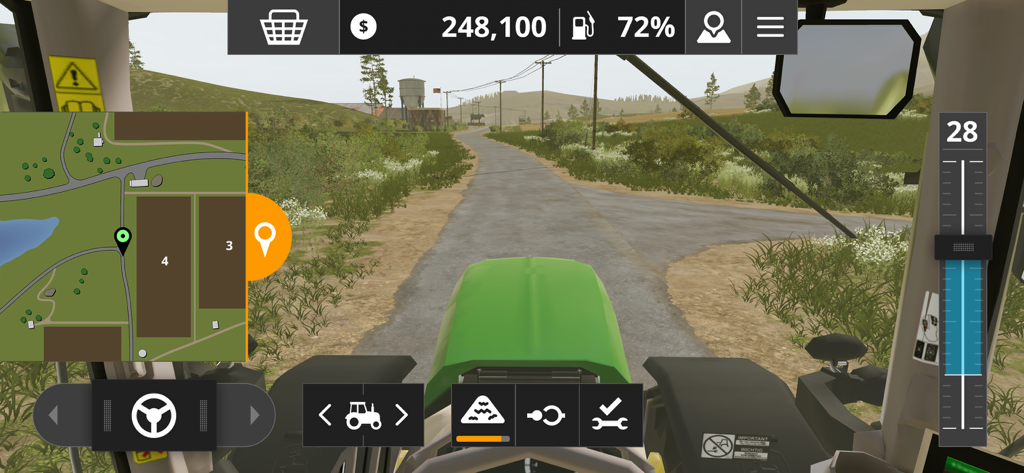 Farming Simulator 20 - A first-person cockpit view of driving a green tractor on a rural road with a mini-map and game controls
