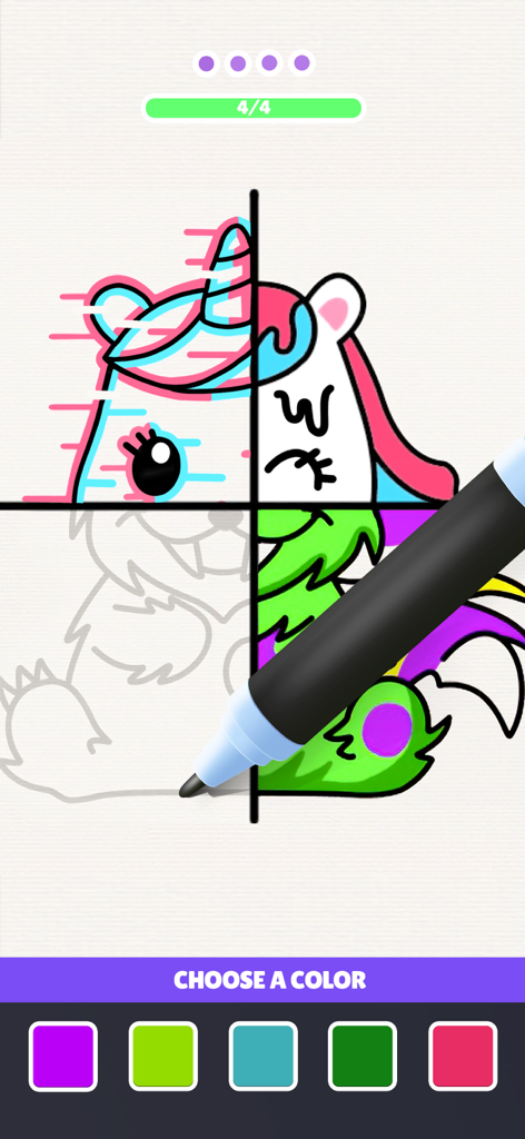 Drawing Carnival - A gameplay screenshot of Drawing Carnival showing a unicorn drawing being colored in different art styles with a digital pen