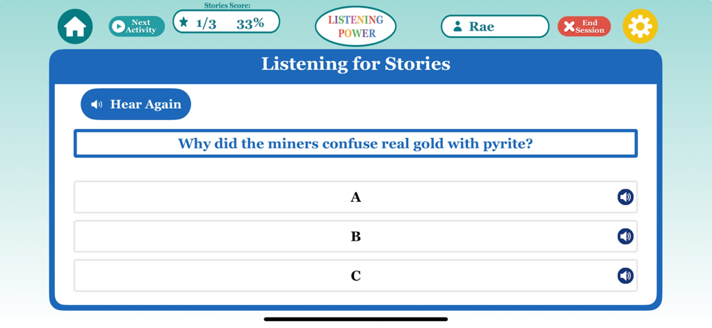 A screen from the Listening Power Advanced app showing a multiple-choice question about a story with options A, B, and C.