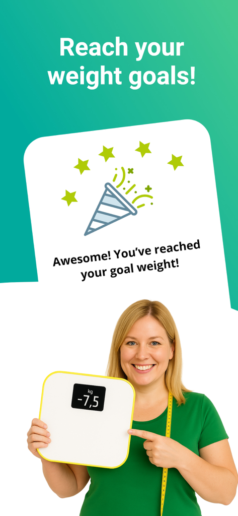 A smiling woman holding a digital scale showing weight loss results and celebrating reaching her goal weight