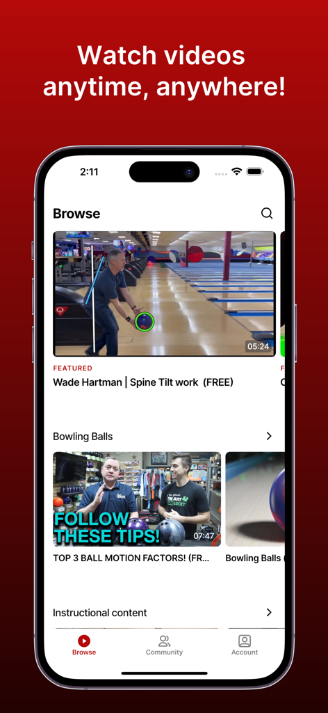 Bowl Like A Pro: Coaching App - Browse screen of the Bowl Like A Pro coaching app showing various bowling instructional videos and technical drills.
