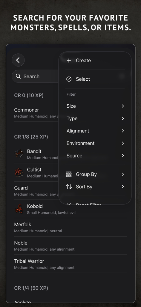 Encounter+ Virtual Tabletop - Search and filter interface for monsters in the Encounter Plus app.