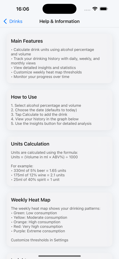 Alcohol Units - Help and information screen showing features and alcohol unit calculation formula for the Alcohol Units app