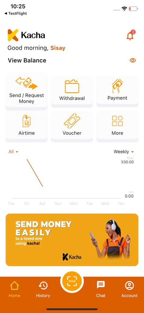 Kacha Customerアプリのダッシュボード。送金、支払い、通信時間オプションが表示されています。