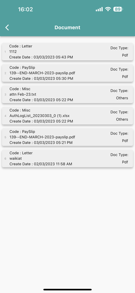 Pantalla de gestión de documentos de la aplicación HR2000 iPayroll que muestra una lista de recibos de sueldo y cartas de empleado