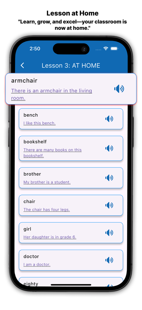 AI English Dictionary app interface showing a vocabulary lesson for home related words with example sentences and audio icons