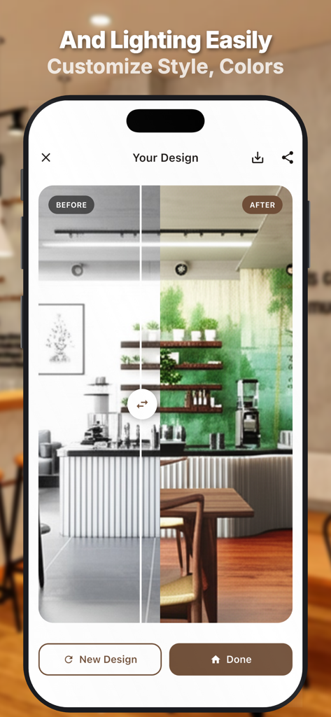 AI Coffee Shop Design - Before and after comparison of a coffee shop interior design using AI technology