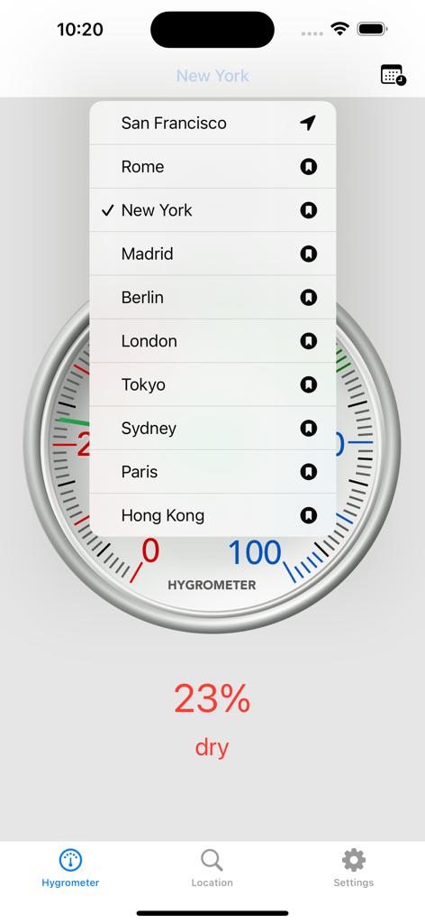 Hygrometer - Air humidity - Hygrometer app interface showing a list of saved cities over an analog humidity gauge indicating 23 percent dry air