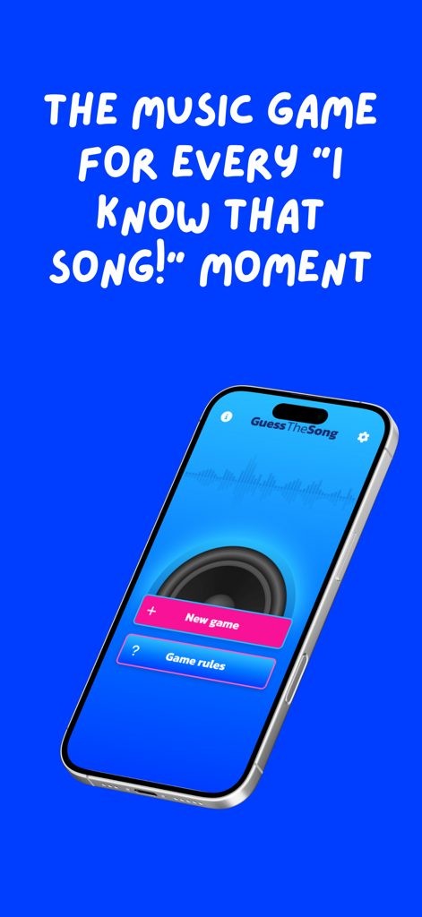 GuessTheSong - Music Trivia - GuessTheSong music trivia game home screen on an iPhone with a blue background and a catchy slogan.