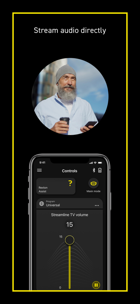 Rexton App - Senior man using the Rexton app to stream audio and adjust TV volume directly