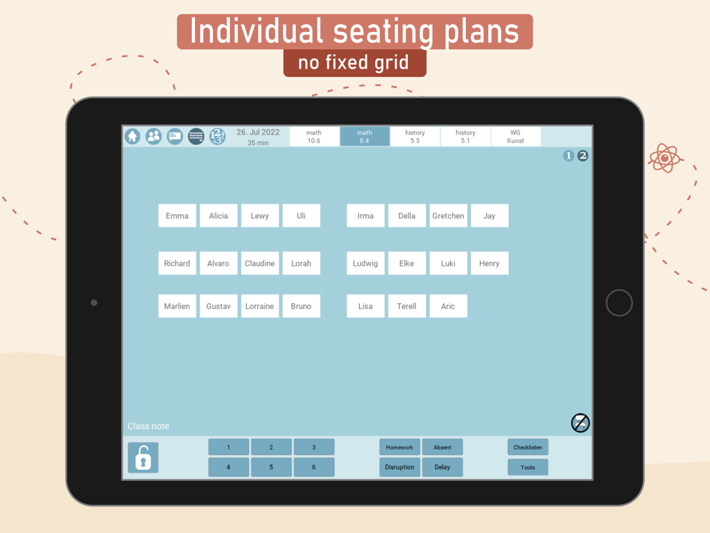 Teachers EasyNote - A customizable digital seating plan for teachers on iPad showing student names and classroom management buttons.