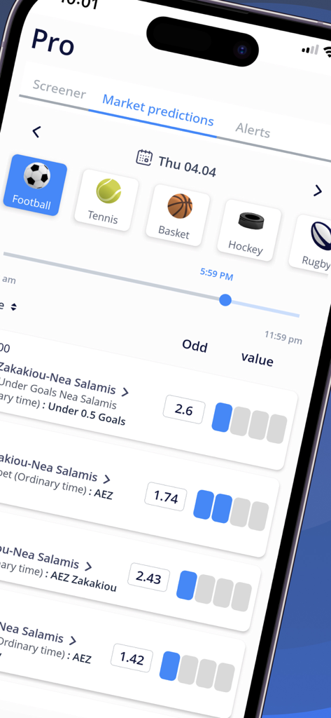 TIPSTOP: Sports Betting Tips - Tipstop app interface showing market predictions for soccer matches with odds and value indicators.
