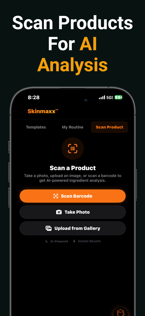 Skinmaxx - Get Scores & Ascend - Skinmaxx app interface for scanning skincare products for AI analysis