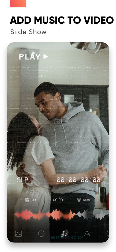 Interface of Slideshow Maker app showing a couple dancing with an audio waveform and the text add music to video