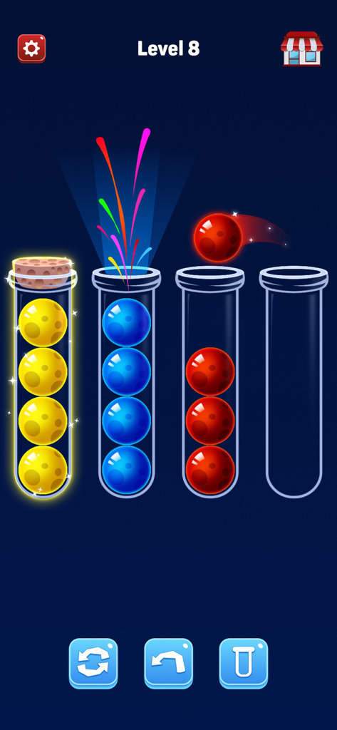 Ball Puzzle - Color Sorting - A mobile game screen showing colored balls being sorted into glass test tubes to solve a logic puzzle.