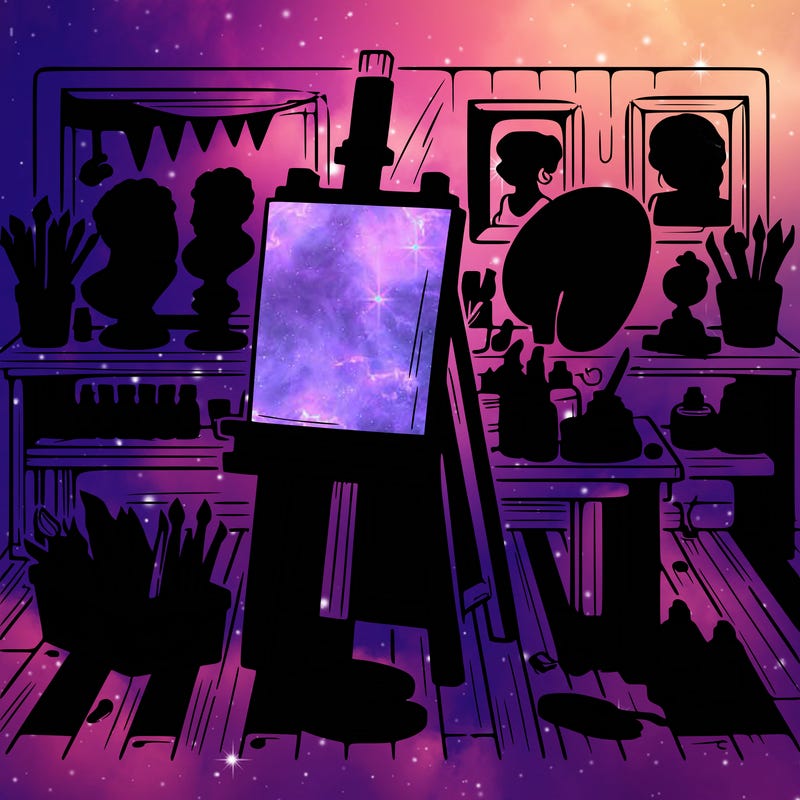 an art studio with canvases, paints, and sculptures