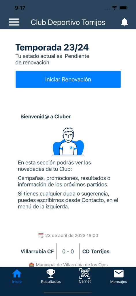 Pantalla de inicio de la aplicación Cluber para la gestión de clubes deportivos que muestra opciones de renovación y resultados de partidos