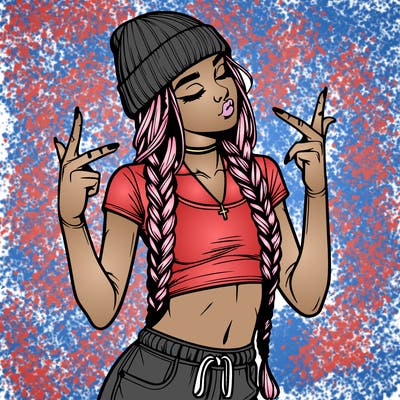 realistic teenage girl with braids and a beanie and crop top doing 🫶🏼
