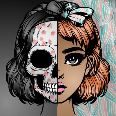 realistic girl with half skull mask