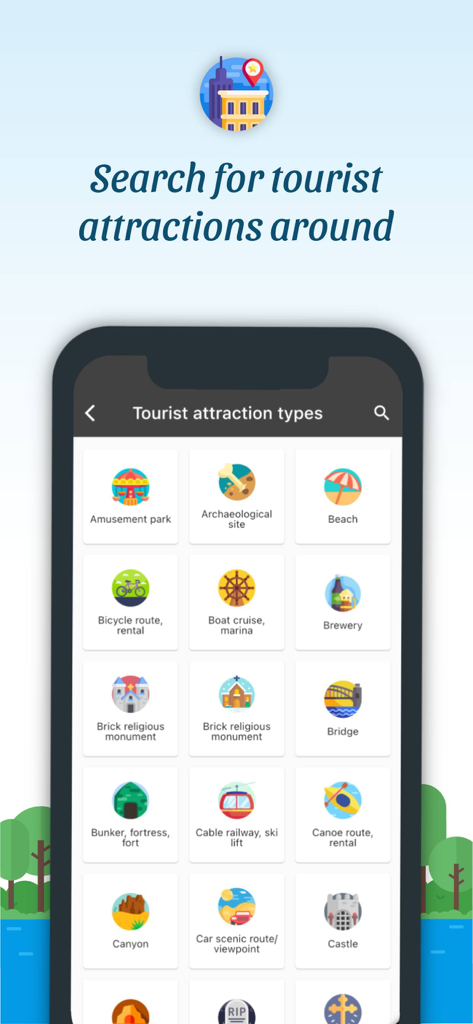 Camp Group - Tela do aplicativo móvel mostrando vários tipos de atrações turísticas como parques de diversões, praias e locais históricos