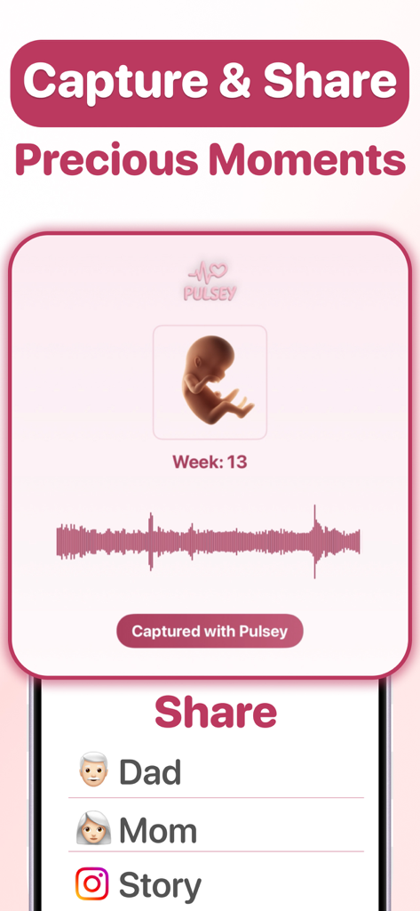 Pulsey app screen showing a recorded audio waveform of baby sounds at week thirteen with options to share with family or on Instagram