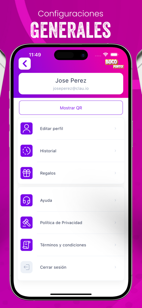Pantalla de configuración general de la app móvil Buco Punto mostrando opciones de perfil y cuenta de usuario.