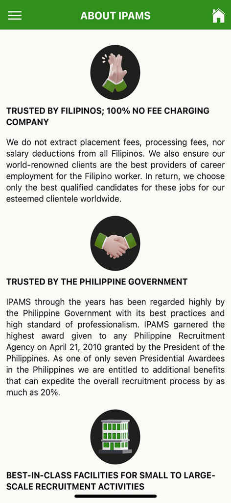 About IPAMS screen displaying trust credentials no recruitment fees policy and government recognition