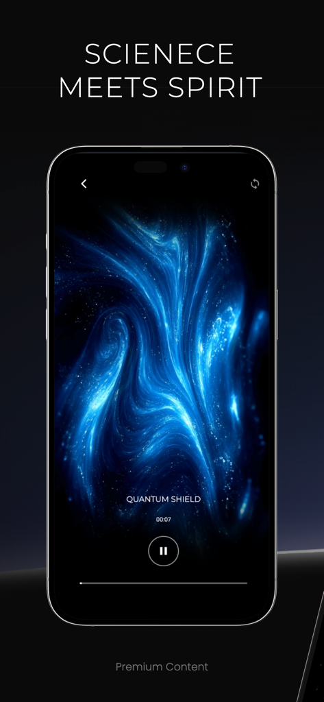 Una pantalla de smartphone de la aplicación Portal Paralelo con la sesión Quantum Shield y un fondo de energía azul cósmica.