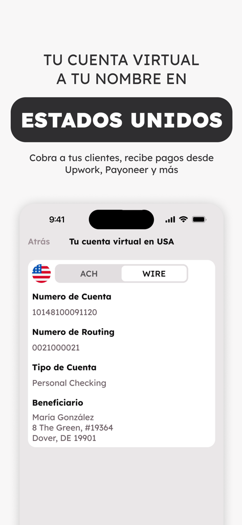 Ibis - Pantalla de la aplicación móvil que muestra los detalles de una cuenta bancaria virtual de EE.UU. para transferencias ACH y por cable