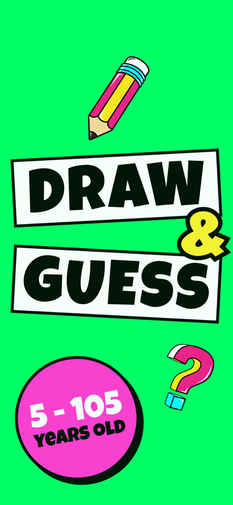 Pantalla de inicio de Adivina el Dibujo Pictionary con texto Dibujar y Adivinar para todas las edades